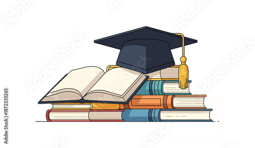 Toga graduation cap on a stack of books, academic success and education concept.