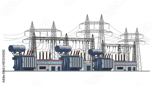 A detailed illustration of a large electrical substation with multiple transformers and high-voltage power lines.