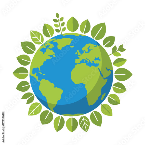 Illustration of planet Earth surrounded by green leaves representing global environmental conservation and sustainability awareness.