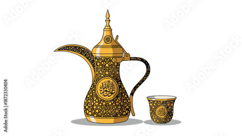 Illustration of a traditional Arabic dallah coffee pot and matching finjan cup decorated with intricate Middle Eastern geometric patterns and Arabic calligraphy