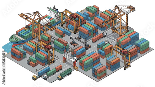 Isometric illustration of a busy container shipping port with cranes, trucks, and cargo ships.