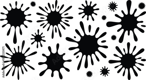 Dynamic black ink splatter shapes on white background for abstract design, grunge texture, creative art, or chaotic visual elements