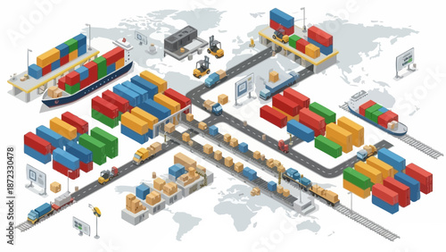 Global logistics and supply chain management illustrating the movement of shipping containers via sea, rail, and road transport.