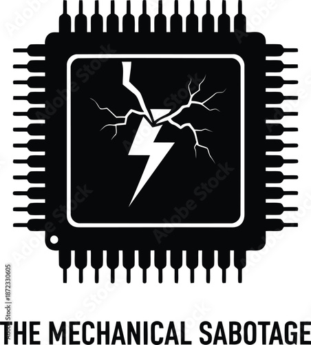 Mechanical sabotage illustration showing a damaged computer chip with a lightning strike isolated on white background, Vector