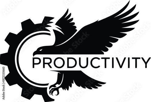 Powerful black eagle and gear logo symbolizing enhanced productivity and efficiency isolated on white background, Vector