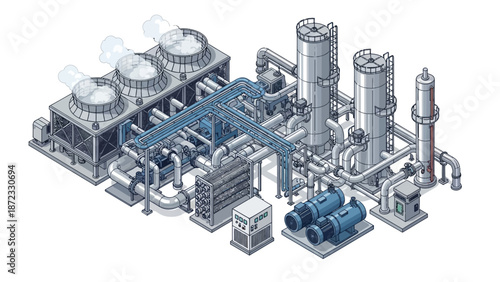 Isometric illustration of a complex industrial plant with cooling towers, pipes, and machinery.