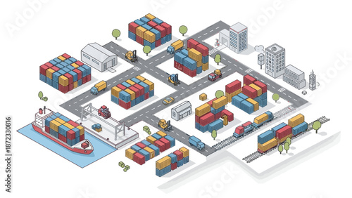 Isometric illustration of a bustling logistics and shipping hub with cargo containers, ships, trains, trucks, and warehouses.