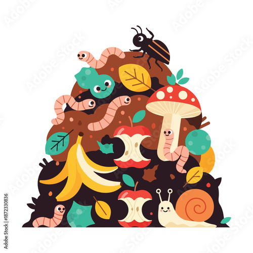 Cute cartoon illustration of an organic compost pile with worms snail apple cores and soil.