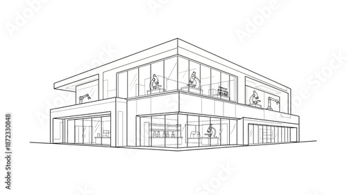 A detailed architectural sketch of a modern commercial building with large glass windows and clean lines, showcasing its multi-story design.
