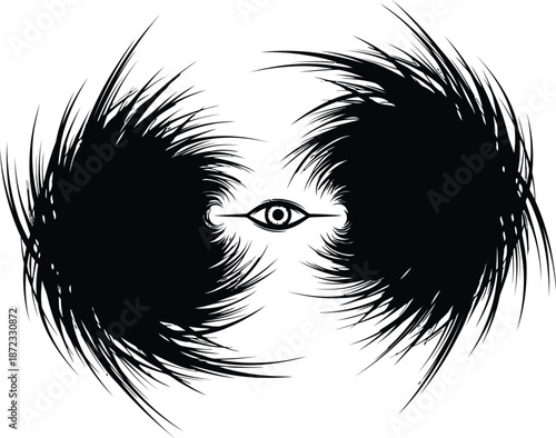 Enigmatic eye peering from the heart of chaotic, spiky black abstract forms isolated on white background, Vector