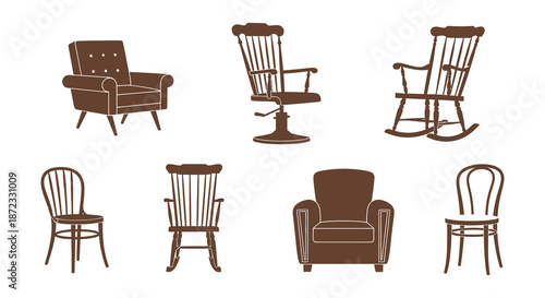 An assortment of colorful vintage chairs in a flat vector illustration style