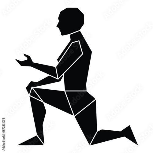 Geometric silhouette of a kneeling person with open hands, symbolizing humility or offering isolated on white background, Vector