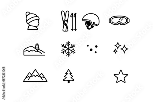 Cozy Kids Ski Icons. Cozy kids ski icons. Line outline icon set of Cozy kids ski icons: child silhouette, skis