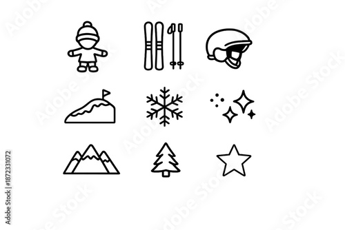 Kids Winter Sports Icons. Kids winter sports icons. Line outline icon set of Kids winter sports icons: child