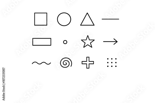 Minimalist Icon Grid. Minimalist design flat-lay. Line outline icon set of Minimalist design flat-lay: square,