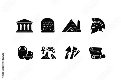  Ancient History. Filled icon set of Ancient History: ancient temple, stone tablet, pyramid