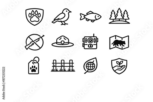  Wildlife Conservation. Line outline icon set of wildlife conservation: protected animal paw,