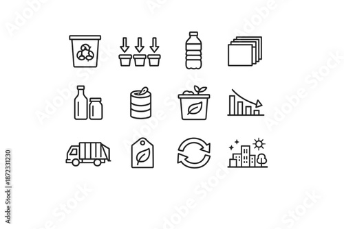  Recycling and Waste Management. Line outline icon set of recycling and waste management:
