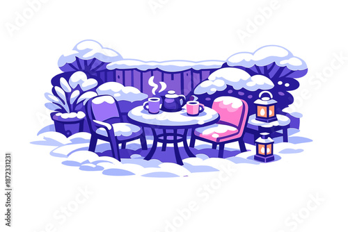  Quiet Backyard Patio. A small patio set covered in snow, fence barely visible behind.