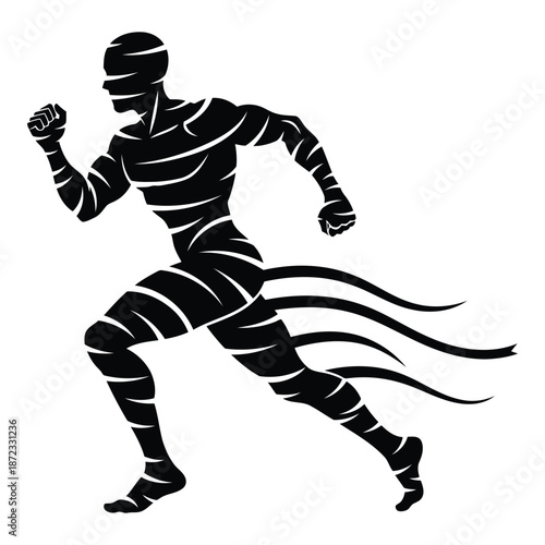 Dynamic silhouette of a male runner accelerating with flowing energy lines isolated on white background, Vector