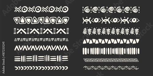 Set african tribal ethnic border, divider doodle hand drawn crayon from geometrical shapes isolated dark background. Boho motif scandinavian srtoke, traditional native decor.