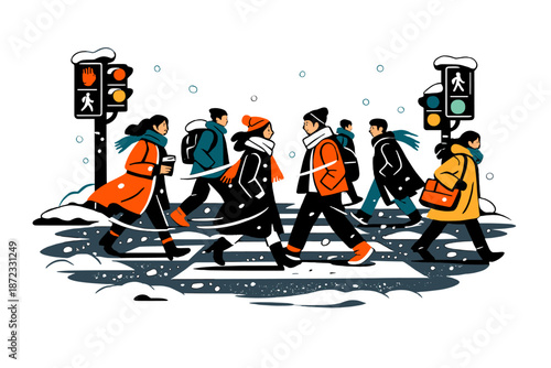  Urban Winter Crossing. People moving in different directions across a snowy intersection,