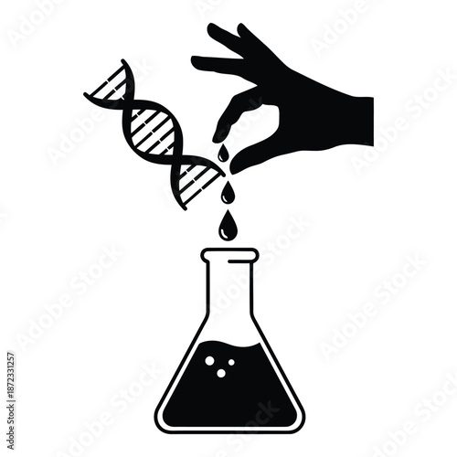 Genetic engineering concept: hand dropping dna liquid into a scientific laboratory flask isolated on white background, Vector