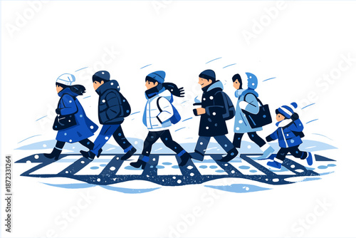  People Crossing Snowy Streets. Pedestrians bundled in coats crossing a wide street as snow