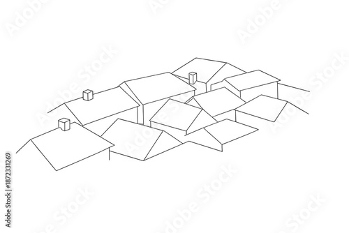  Snow on rooftops aerial view. Minimalistic one-line drawing aerial perspective of rooftops