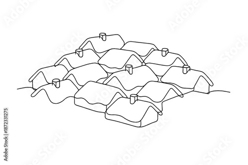  Snow-covered roofs aerial view. Minimalistic one-line drawing clustered rooftops seen from
