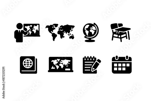  Geography Classroom. Filled icon set of Geography Classroom: teacher with map, wall world