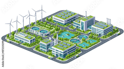 An isometric illustration of a sustainable industrial complex featuring renewable energy sources like wind turbines and solar panels, alongside water treatment facilities and green spaces.