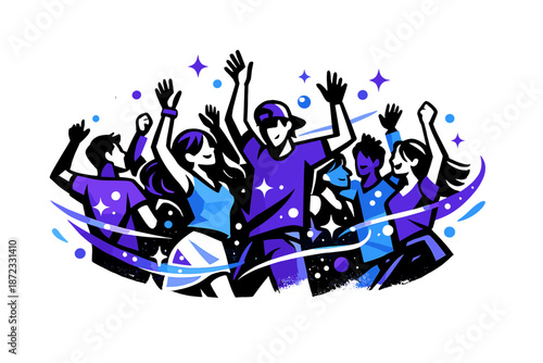  Dancing Crowd with Sparkles. A lively crowd moving in rhythm, hands raised as sparkling