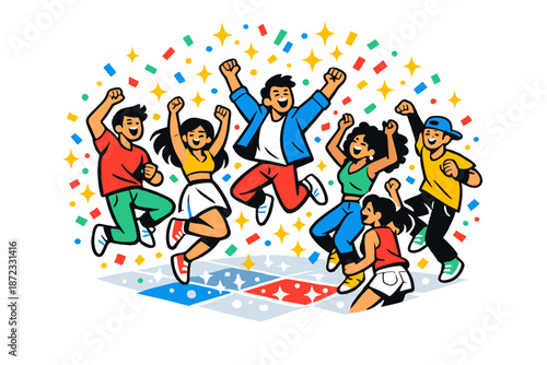 Vibrant Dance Celebration. Dance Floor Celebration. A packed crowd jumping and dancing, sparkles raining down