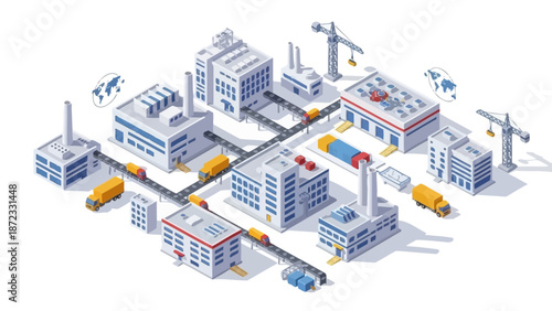 Isometric illustration of a modern industrial complex with factories, warehouses, and logistics operations.