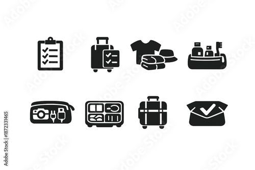 Packing Icons Set. Packing Planning. Filled icon set of Packing Planning: packing list, suitcase checklist,