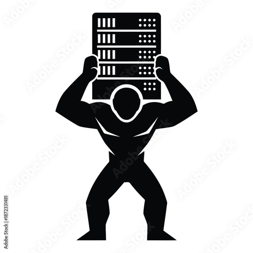 Powerful strongman carrying a server rack representing robust data management isolated on white background, Vector