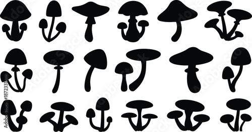 Eighteen black mushroom silhouettes in varied shapes and clusters, ideal for botanical design, fungi illustrations, and nature-themed educational graphics