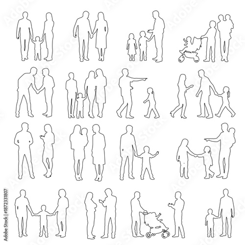 Set of family silhouettes in clean line art style. Parents and children shown in everyday walking, holding hands, talking, pointing, and stroller poses.