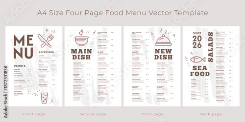 A4 size four page food menu template. New food menu template