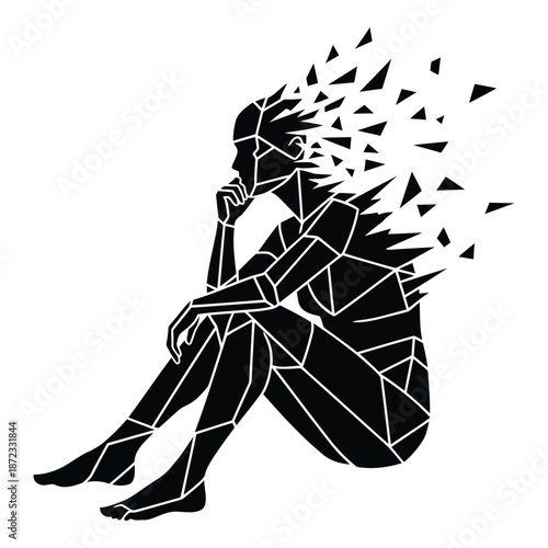 Geometric representation of a person lost in thought with a dissolving mind isolated on white background, Vector