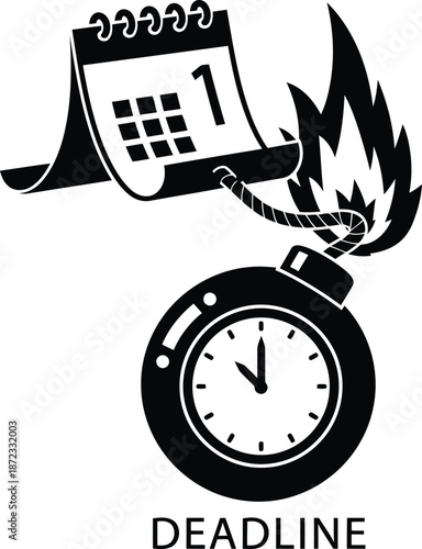 Visualizing the pressure of a deadline with a calendar and a ticking time bomb icon isolated on white background, Vector