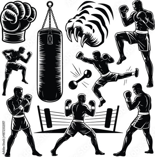 Boxers in action with punching bag and gloves on white background
