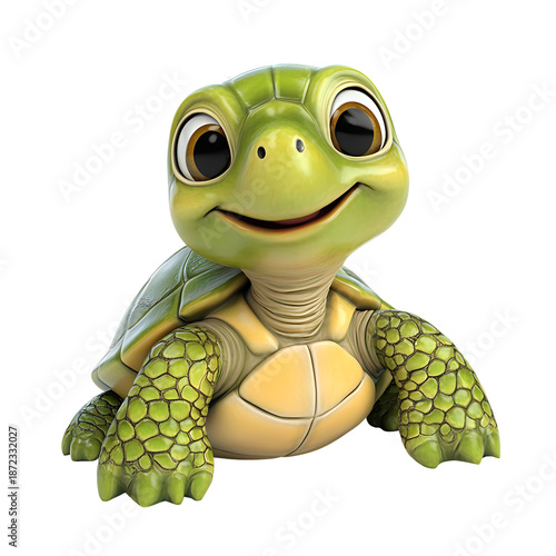PNG file A friendly and charming turtle with big, expressive eyes, a cute smile, and a vibrant green shell, creating a sense of joy and playfulness on transparent background PNG, easy to use.
