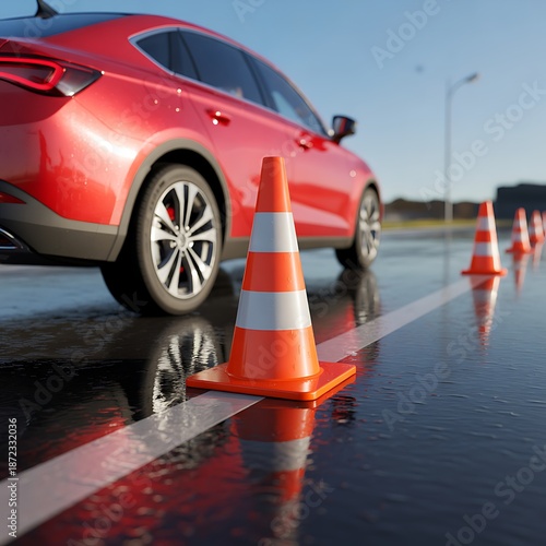Wet Road Warning – Traffic Cones and Car in Rainy Conditions