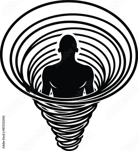 A human silhouette trapped within a swirling vortex, symbolizing the depths of mind and consciousness isolated on white background, Vector