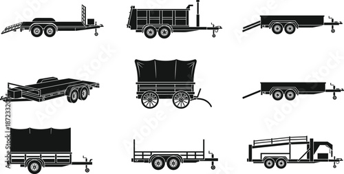 Collection of utility trailer silhouettes, various transport equipment icons, car haulers, cargo trailers, and flatbed tow rigs on white background.