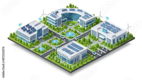 Isometric view of a modern smart city district with sustainable buildings, solar panels, and wind turbines.