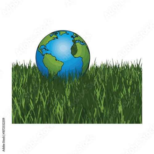 Illustration of planet Earth sitting in green grass representing environmental protection and nature conservation awareness