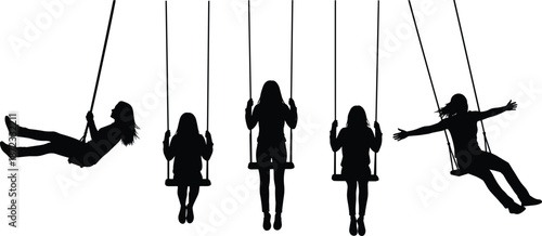 Silhouette set of young girls and women playing on swings in various positions including sitting standing and flying through air.